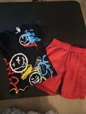Graphic Smiley Tee and Red Shorts Set